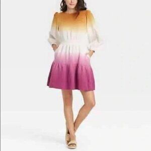 Universal Thread Womens Ombre Mini Dress Long Sleeve Flowy Mustard Pink Size M